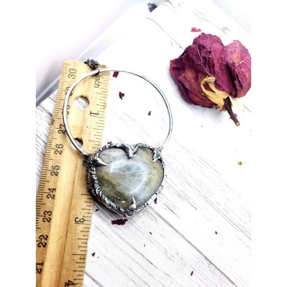 Labradorite Heart Crystal Necklace Handmade Gothic Fantasy Metalwork - Picture 12 of 12